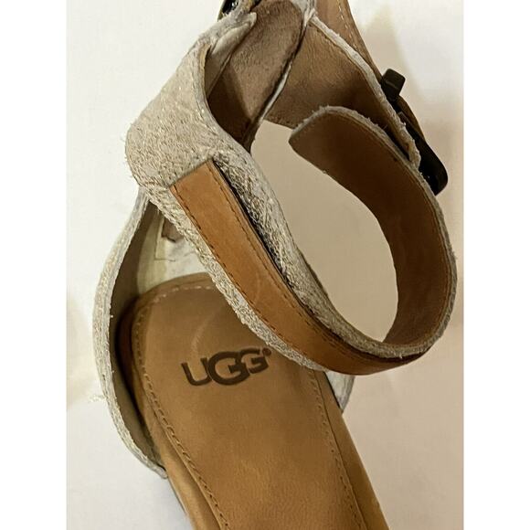 NEW UGG Char Wedge Ankle Sandals •6.5• Gold Beige Leather Woven - Picture 9 of 13